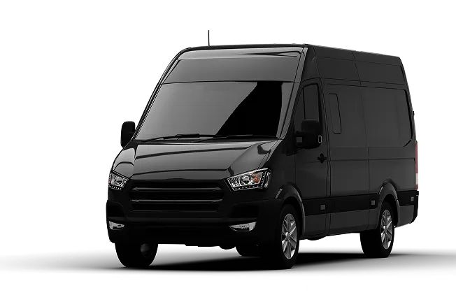 Isolated Realistic Shiny Black Luxury Van From Left Front Angle View 1